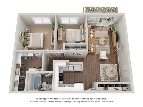 Floor plan for 2 beds, 1 bath, 838 sqft